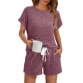 thumbnail image 1 of SUNBS Lounge Sets for Women 2 Piece Outfit Sets Tunic Shirts Short Cap Sleeve Crew Neck Drawstring Sweat Suit Summer with Pocket, 1 of 7
