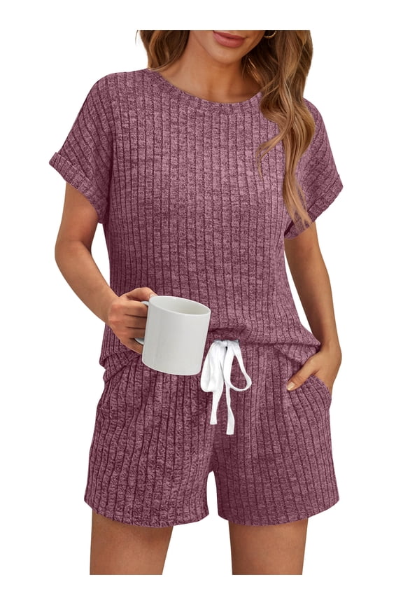 Lounge Sets for Women 2 Piece Outfit Sets Tunic Shirts Short Cap Sleeve Crew Neck Drawstring Sweat Suit Summer with Pocket