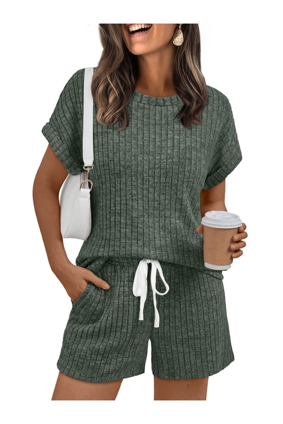 Lounge Sets for Women 2 Piece Outfit Sets Tunic Shirts Short Cap Sleeve Crew Neck Drawstring Sweat Suit Summer with Pocket