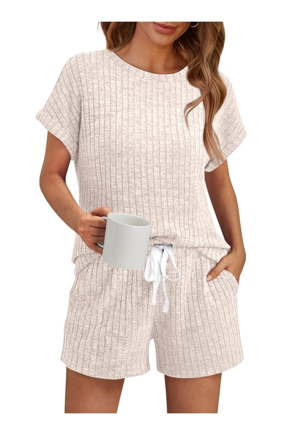 Lounge Sets for Women 2 Piece Outfit Sets Tunic Shirts Short Cap Sleeve Crew Neck Drawstring Sweat Suit Summer with Pocket