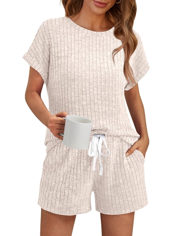 Lounge Sets for Women 2 Piece Outfit Sets Tunic Shirts Short Cap Sleeve Crew Neck Drawstring Sweat Suit Summer with Pocket