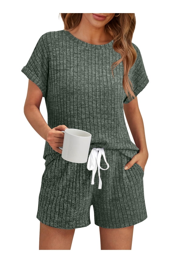 Lounge Sets for Women 2 Piece Outfit Sets Tunic Shirts Short Cap Sleeve Crew Neck Drawstring Sweat Suit Summer with Pocket
