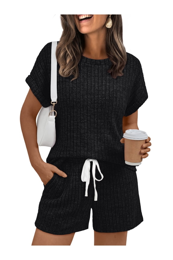 Womens Crew Neck Two Piece short Sets Cap Sleeve Tunic Sweaters Drawstring Summer Sweatsuit with Pocket