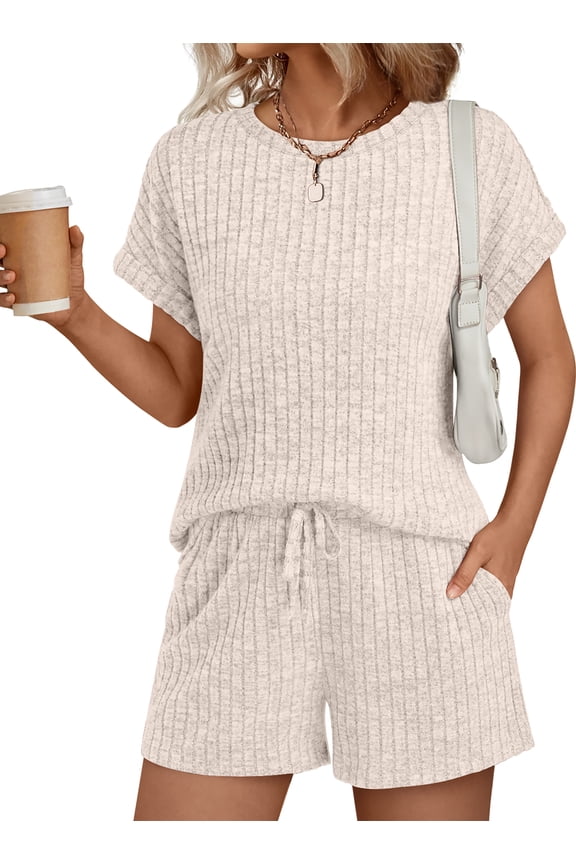 Womens Crew Neck Two Piece short Sets Cap Sleeve Tunic Sweaters Drawstring Summer Sweatsuit with Pocket