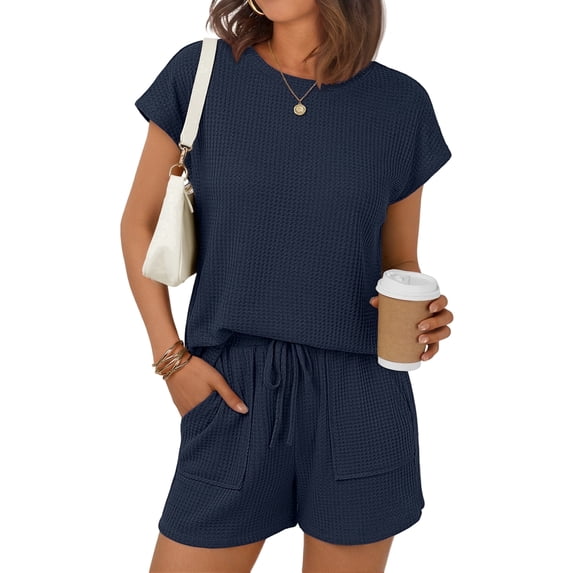 SUNBS Two Piece Outfits Lounge Sets Womens Crew Neck Sweat Suit Short Cap Waffle-Knit Sleeve Drawstring Summer with Pocket