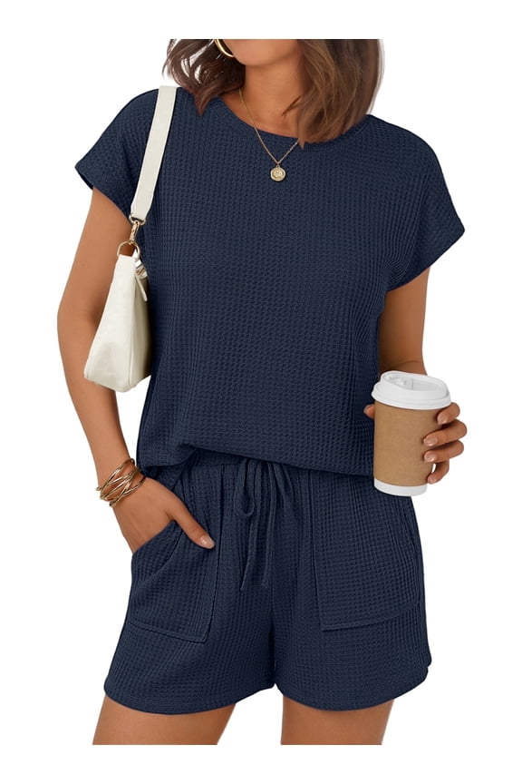 Two Piece Outfits Lounge Sets Womens Crew Neck Sweat Suit Short Cap Waffle-Knit Sleeve Drawstring Summer with Pocket
