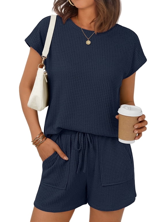 Two Piece Outfits Lounge Sets Womens Crew Neck Sweat Suit Short Cap Waffle-Knit Sleeve Drawstring Summer with Pocket