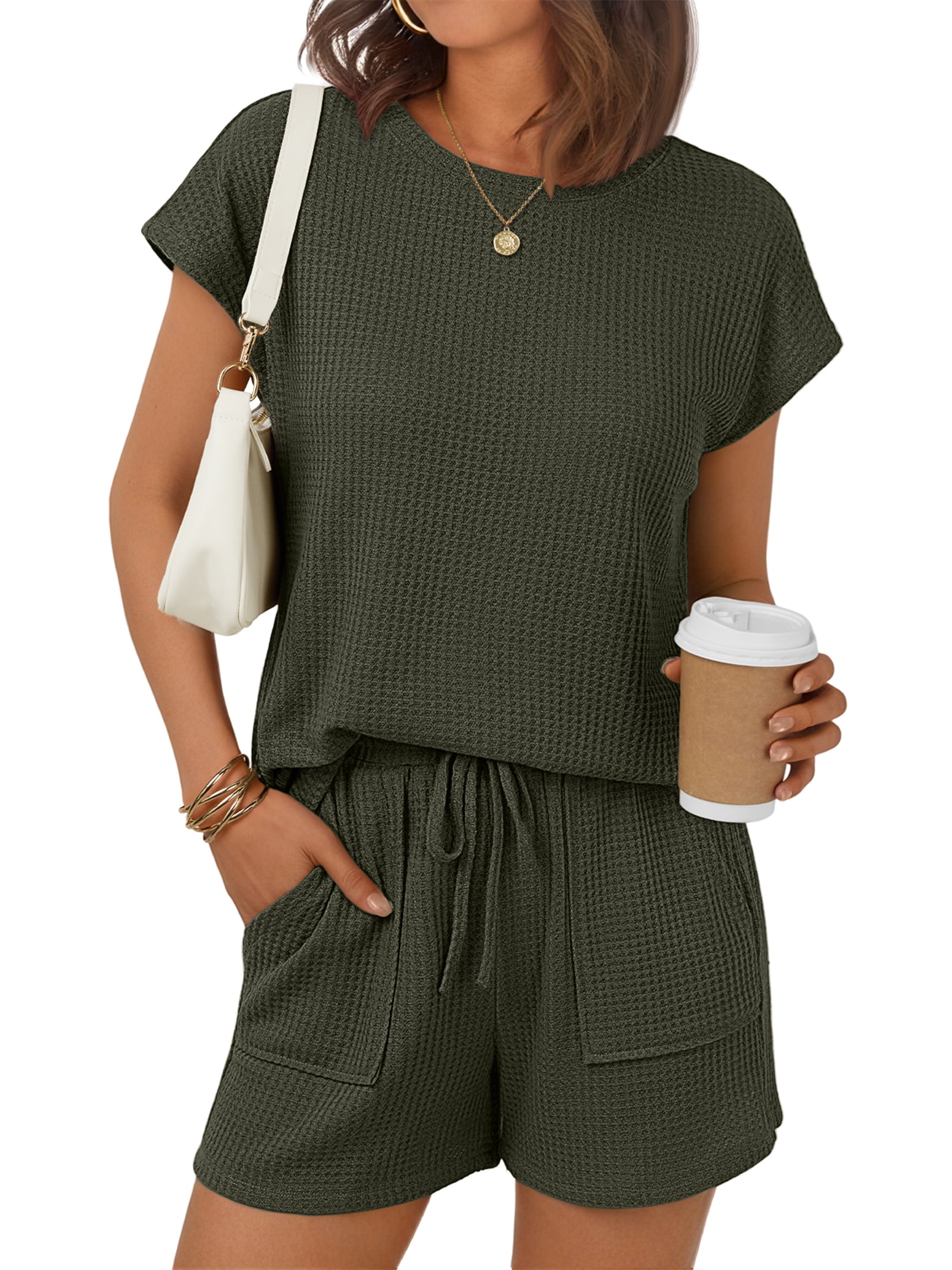 Womens Crew Neck Two Piece short Sets Cap Waffle-Knit Sleeve Drawstring Summer Sweatsuit with Pocket