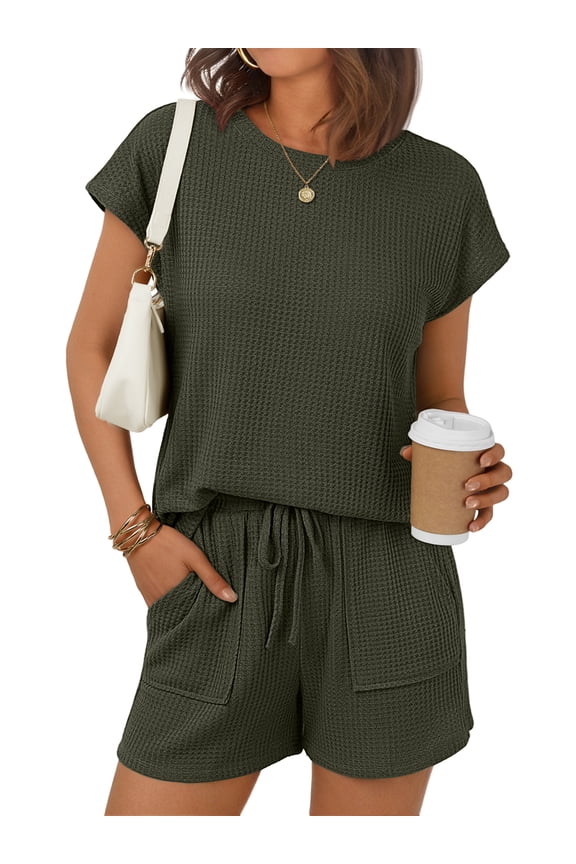 Womens Crew Neck Two Piece short Sets Cap Waffle-Knit Sleeve Drawstring Summer Sweatsuit with Pocket