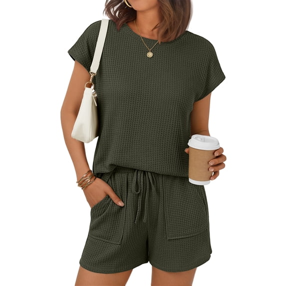 SUNBS Womens Crew Neck Two Piece short Sets Cap Waffle-Knit Sleeve Drawstring Summer Sweatsuit with Pocket
