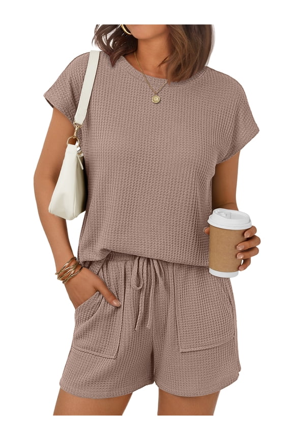 Womens Crew Neck Two Piece short Sets Cap Waffle-Knit Sleeve Drawstring Summer Sweatsuit with Pocket