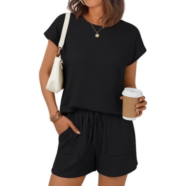 SUNBS Two Piece Outfits Lounge Sets Womens Crew Neck Sweat Suit Short Cap Waffle-Knit Sleeve Drawstring Summer with Pocket