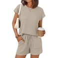 thumbnail image 1 of SUNBS Two Piece Outfits Lounge Sets Womens Crew Neck Sweat Suit Short Cap Waffle-Knit Sleeve Drawstring Summer with Pocket, 1 of 7
