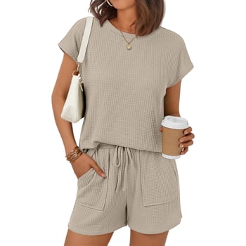 SUNBS Two Piece Outfits Lounge Sets Womens Crew Neck Sweat Suit Short Cap Waffle-Knit Sleeve Drawstring Summer with Pocket