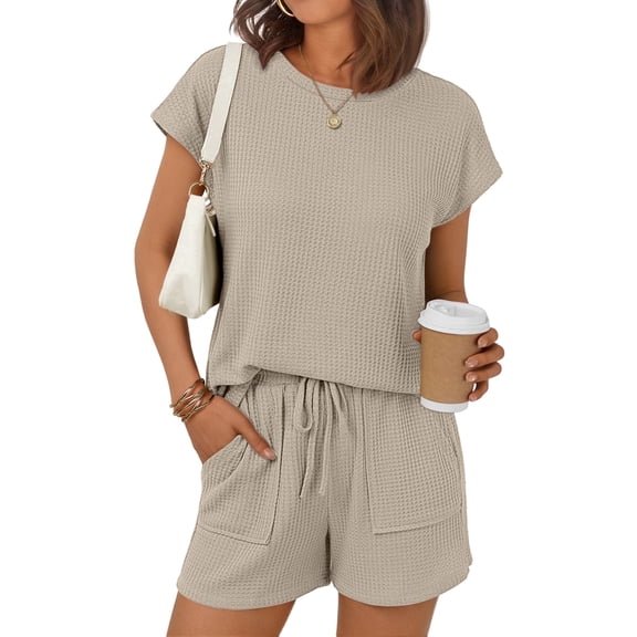 SUNBS Two Piece Outfits Lounge Sets Womens Crew Neck Sweat Suit Short Cap Waffle-Knit Sleeve Drawstring Summer with Pocket