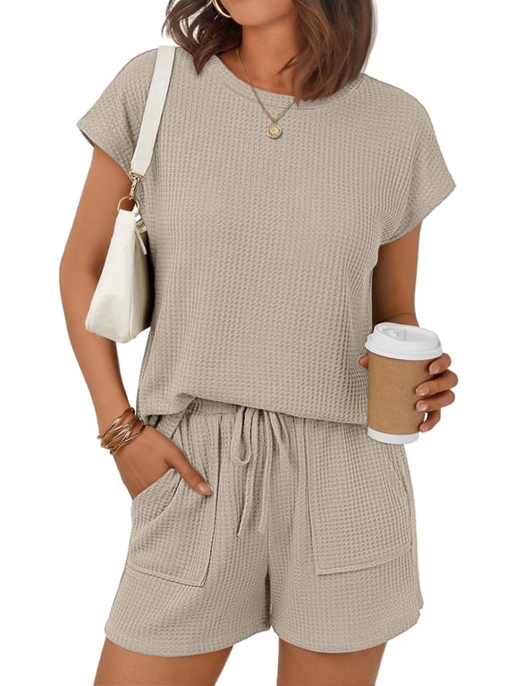 Two Piece Outfits Lounge Sets Womens Crew Neck Sweat Suit Short Cap Waffle-Knit Sleeve Drawstring Summer with Pocket