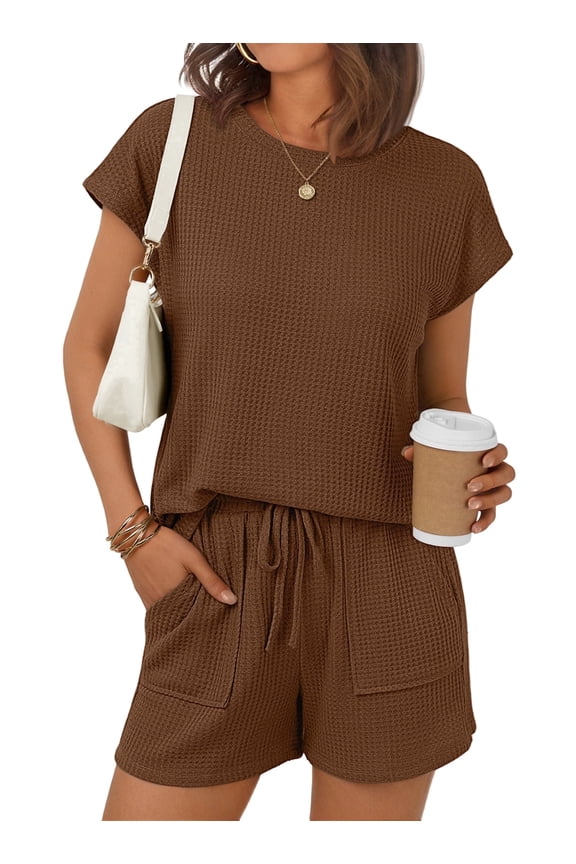 Two Piece Outfits Lounge Sets Womens Crew Neck Sweat Suit Short Cap Waffle-Knit Sleeve Drawstring Summer with Pocket