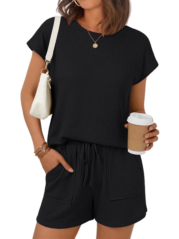Two Piece Outfits Lounge Sets Womens Crew Neck Sweat Suit Short Cap Waffle-Knit Sleeve Drawstring Summer with Pocket