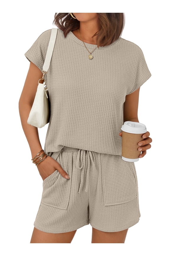Two Piece Outfits Lounge Sets Womens Crew Neck Sweat Suit Short Cap Waffle-Knit Sleeve Drawstring Summer with Pocket