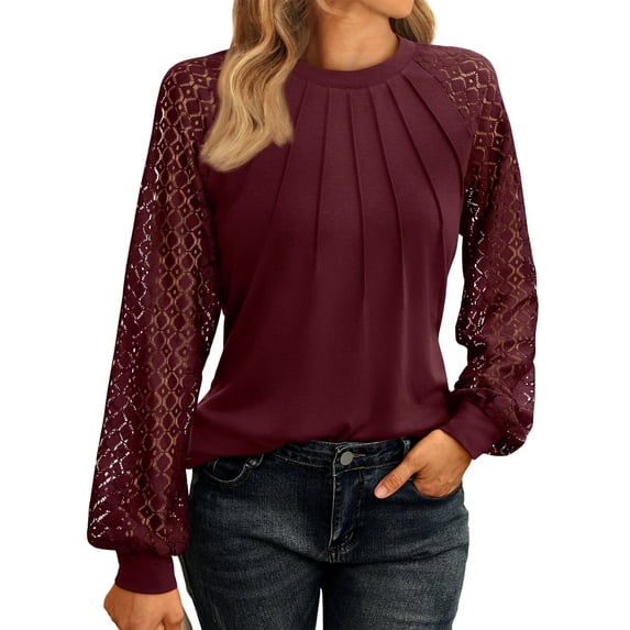 SUNBS Womens Crewneck Casual Blouses Knitted Lace Tunic Tops Long Sleeve Shirt