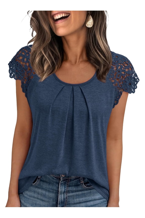 Blouses for Women Lace Tops Pleated Short Sleeve Shirts Summer Business Casual Dressy Clothes