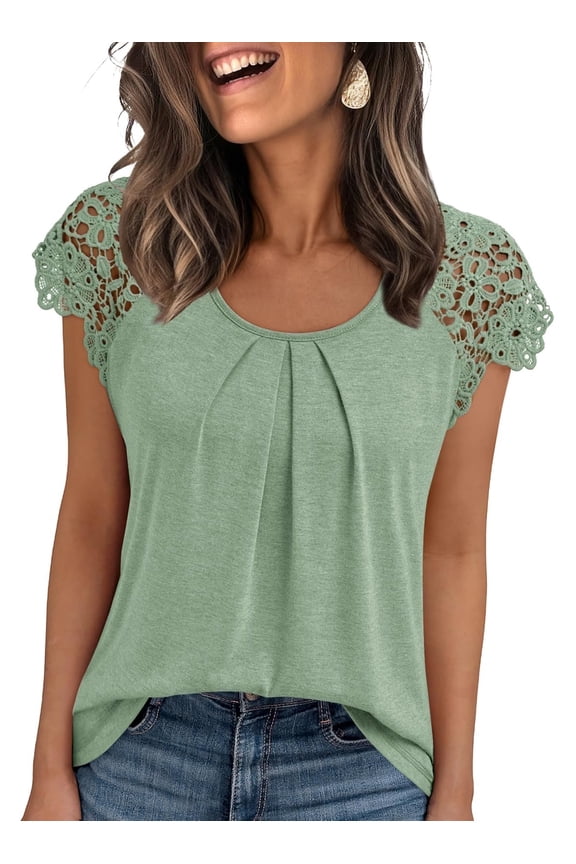 Blouses for Women Lace Tops Pleated Short Sleeve Shirts Summer Business Casual Dressy Clothes