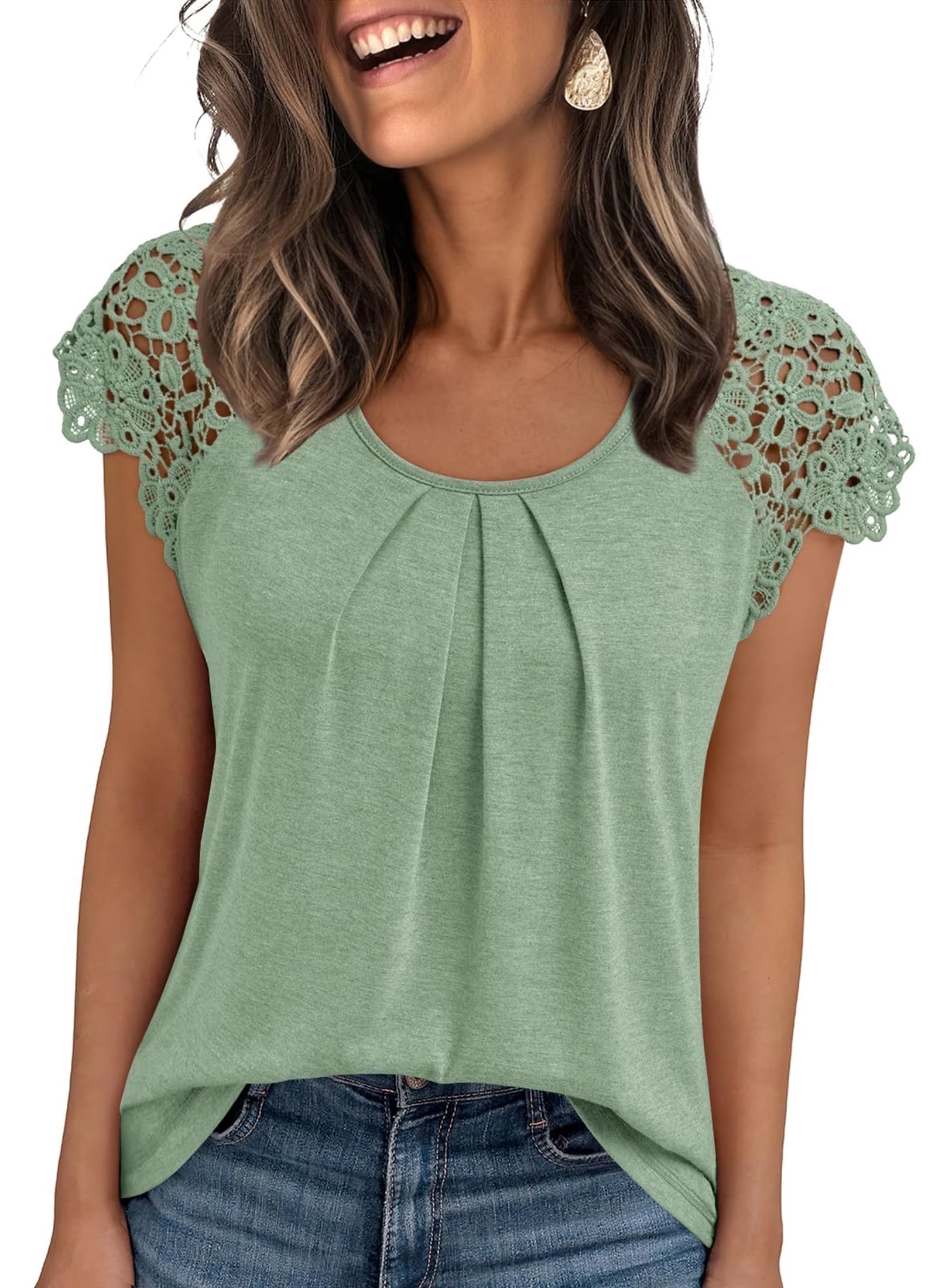 SUNBS Blouses for Women Lace Tops Pleated Short Sleeve Shirts Summer Business Casual Dressy Clothes