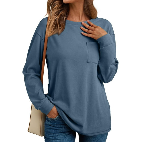 Womens Long Sleeve Crewneck Shirts Fall Winter Casual Work Tops Women Blouses Trendy Basic Outfits
