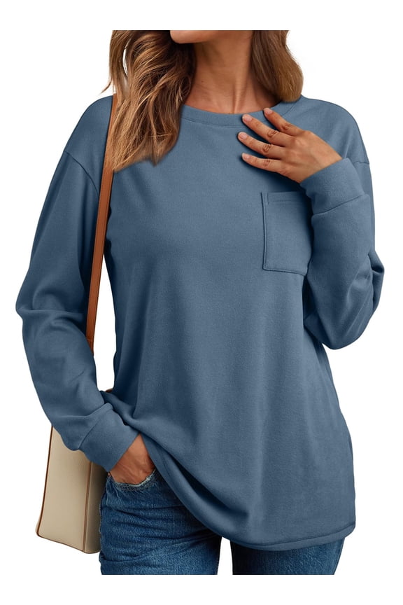 Womens Long Sleeve Crewneck Shirts Fall Winter Casual Work Tops Women Blouses Trendy Basic Outfits