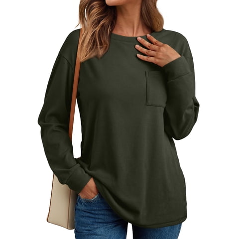 Womens Long Sleeve Crewneck Shirts Fall Winter Casual Work Tops Women Blouses Trendy Basic Outfits
