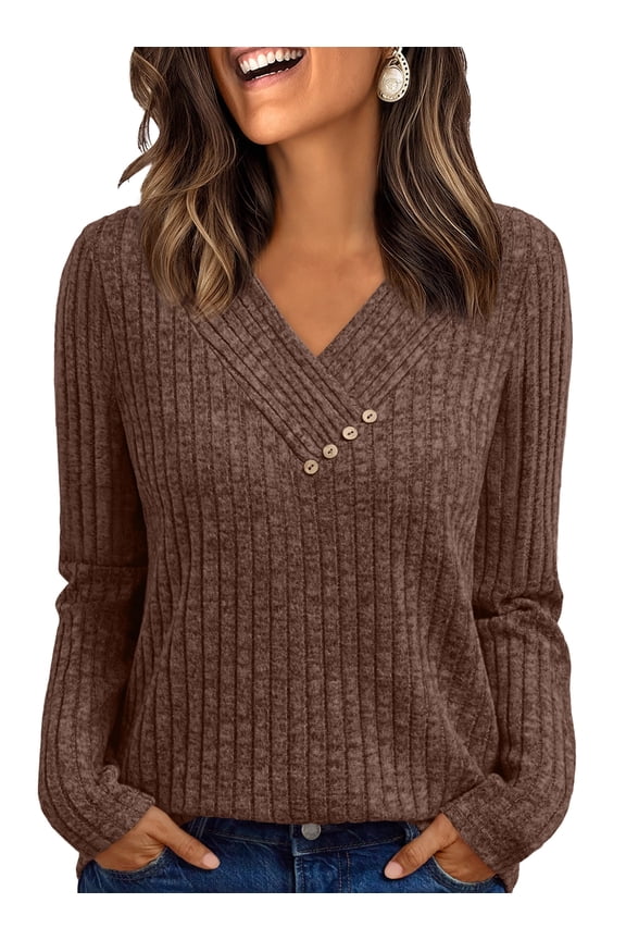 Womens Long Sleeve Shirt for Women Fashion V Neck Sweater Tunic Tops Dressy Casual Work Blouse Trendy Fall Winter Clothing