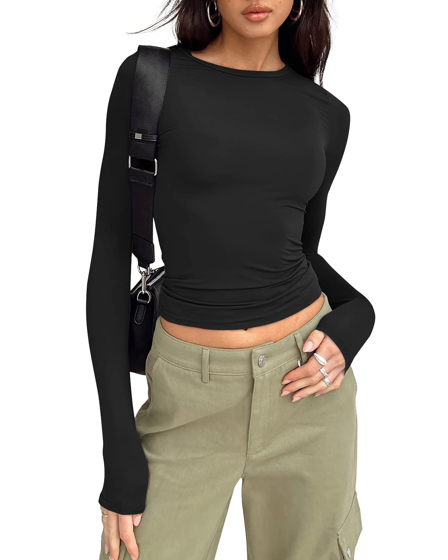 SUNBS Fitted Long Sleeve Shirts for Women Basic Crop Fall Fashion Layering Slim Y2k Trendy Tops