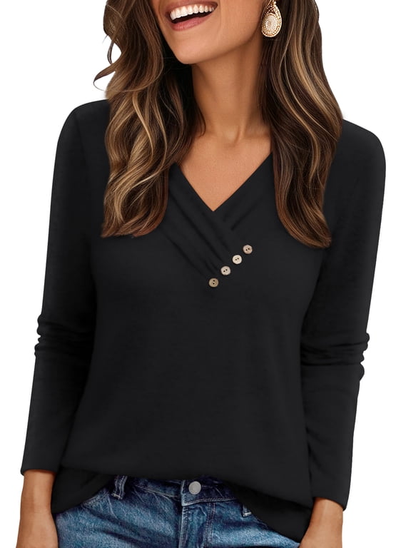 Long Sleeve Shirts for Women Tunic V Neck Button Top Dressy Casual Business Blouses
