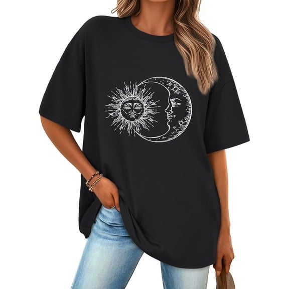 SUNBS Womens Oversized Graphic Tees - Sun & Moon Casual T-Shirts for Women Summer Tops
