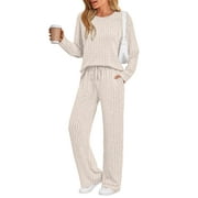 SUNBS Two Piece Lounge Sets for Women Pajamas Set Wide Leg Pants Ribbed Knit Winter Matching 2 Piece Outfits Trendy Clothes