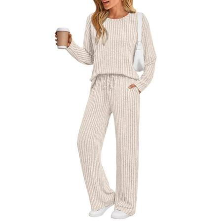 SUNBS Two Piece Lounge Sets for Women Pajamas Set Wide Leg Pants Ribbed Knit Winter Matching 2 Piece Outfits Trendy Clothes
