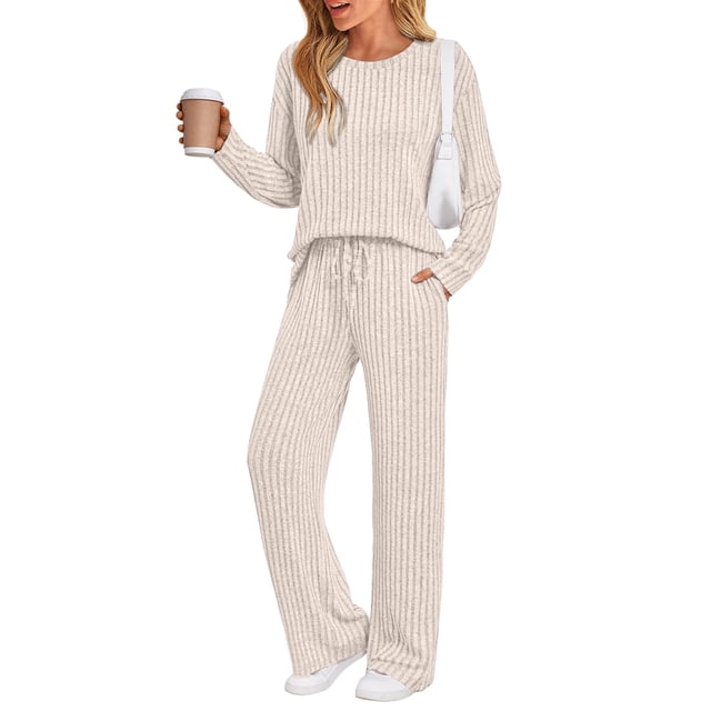 SUNBS Two Piece Lounge Sets for Women Pajamas Set Wide Leg Pants Ribbed Knit Winter Matching 2 Piece Outfits Trendy Clothes