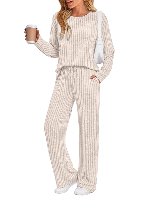 Two Piece Lounge Sets for Women Pajamas Set Wide Leg Pants Ribbed Knit Winter Matching 2 Piece Outfits Trendy Clothes