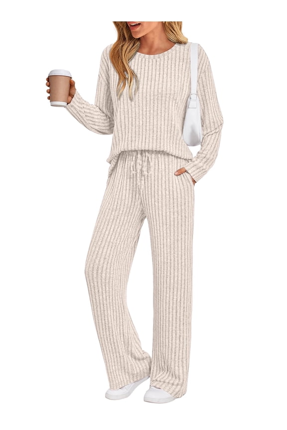 Two Piece Lounge Sets for Women Pajamas Set Wide Leg Pants Ribbed Knit Winter Matching 2 Piece Outfits Trendy Clothes