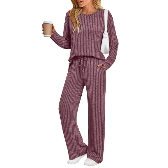 SUNBS Two Piece Lounge Sets for Women Pajamas Set Wide Leg Pants Ribbed Knit Winter Matching 2 Piece Outfits Trendy Clothes