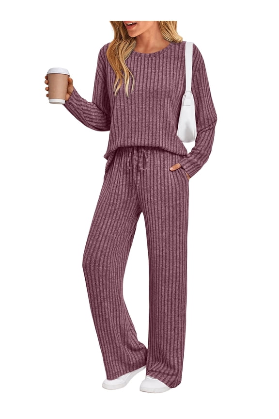 Two Piece Lounge Sets for Women Pajamas Set Wide Leg Pants Ribbed Knit Winter Matching 2 Piece Outfits Trendy Clothes