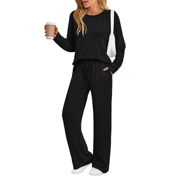 SUNBS Two Piece Lounge Sets for Women Pajamas Set Wide Leg Pants Ribbed Knit Winter Matching 2 Piece Outfits Trendy Clothes