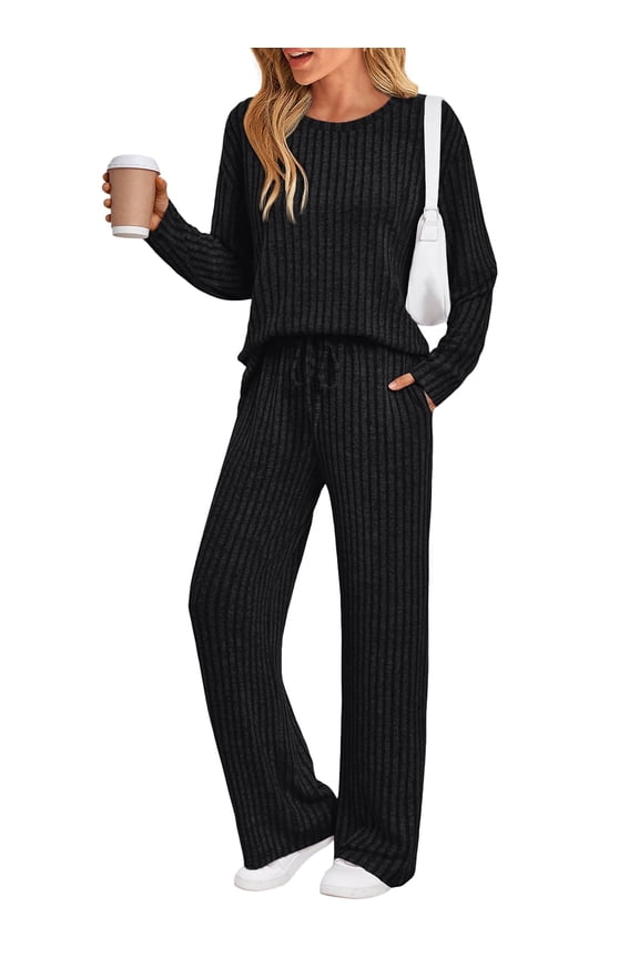 Two Piece Lounge Sets for Women Pajamas Set Wide Leg Pants Ribbed Knit Winter Matching 2 Piece Outfits Trendy Clothes