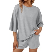 SUNBS 2 Piece Lounge Sets for Women Pajama 3/4 Sleeve Oversized Tshirts Elastic Waist Short With Pocket