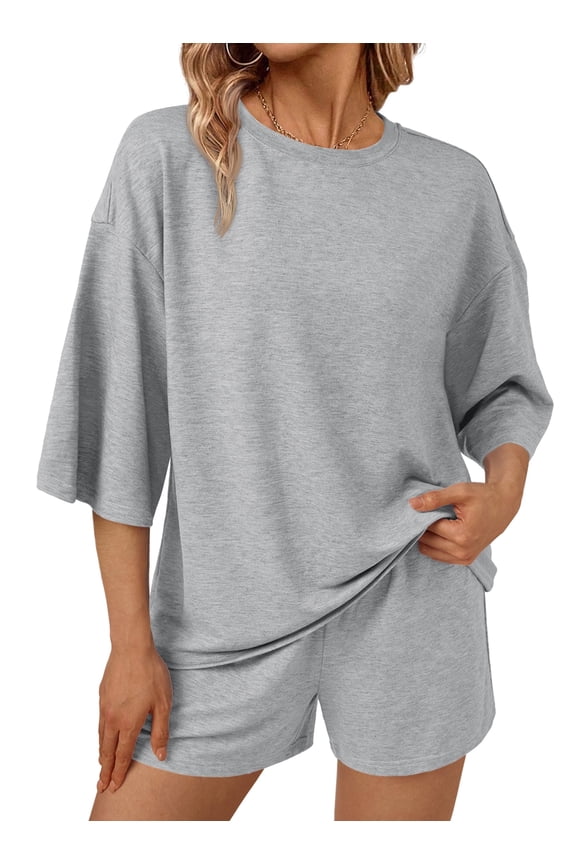 2 Piece Lounge Sets for Women Pajama 3/4 Sleeve Oversized Tshirts Elastic Waist Short With Pocket