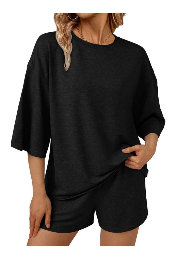 2 Piece Lounge Sets for Women Pajama 3/4 Sleeve Oversized Tshirts Elastic Waist Short With Pocket