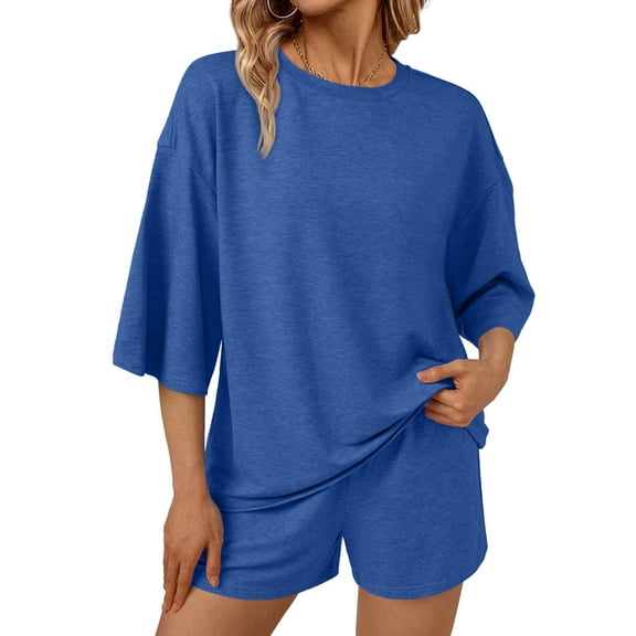 SUNBS 2 Piece Lounge Sets for Women Pajama 3/4 Sleeve Oversized Tshirts Elastic Waist Short With Pocket