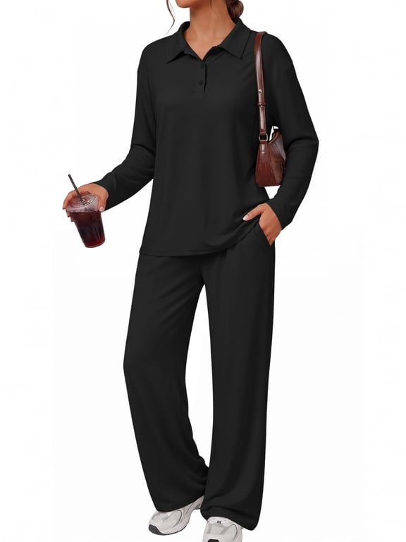 Polo Lounge Sets For Women Wide Leg Sweatpants 2 Piece Matching Set Soft Lounge Sweatsuit