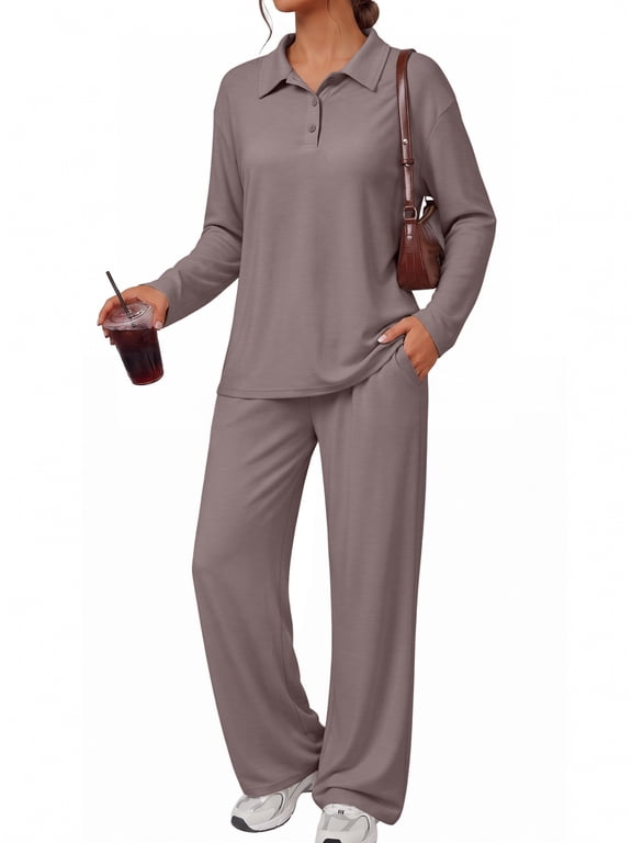 Polo Lounge Sets For Women Wide Leg Sweatpants 2 Piece Matching Set Soft Lounge Sweatsuit