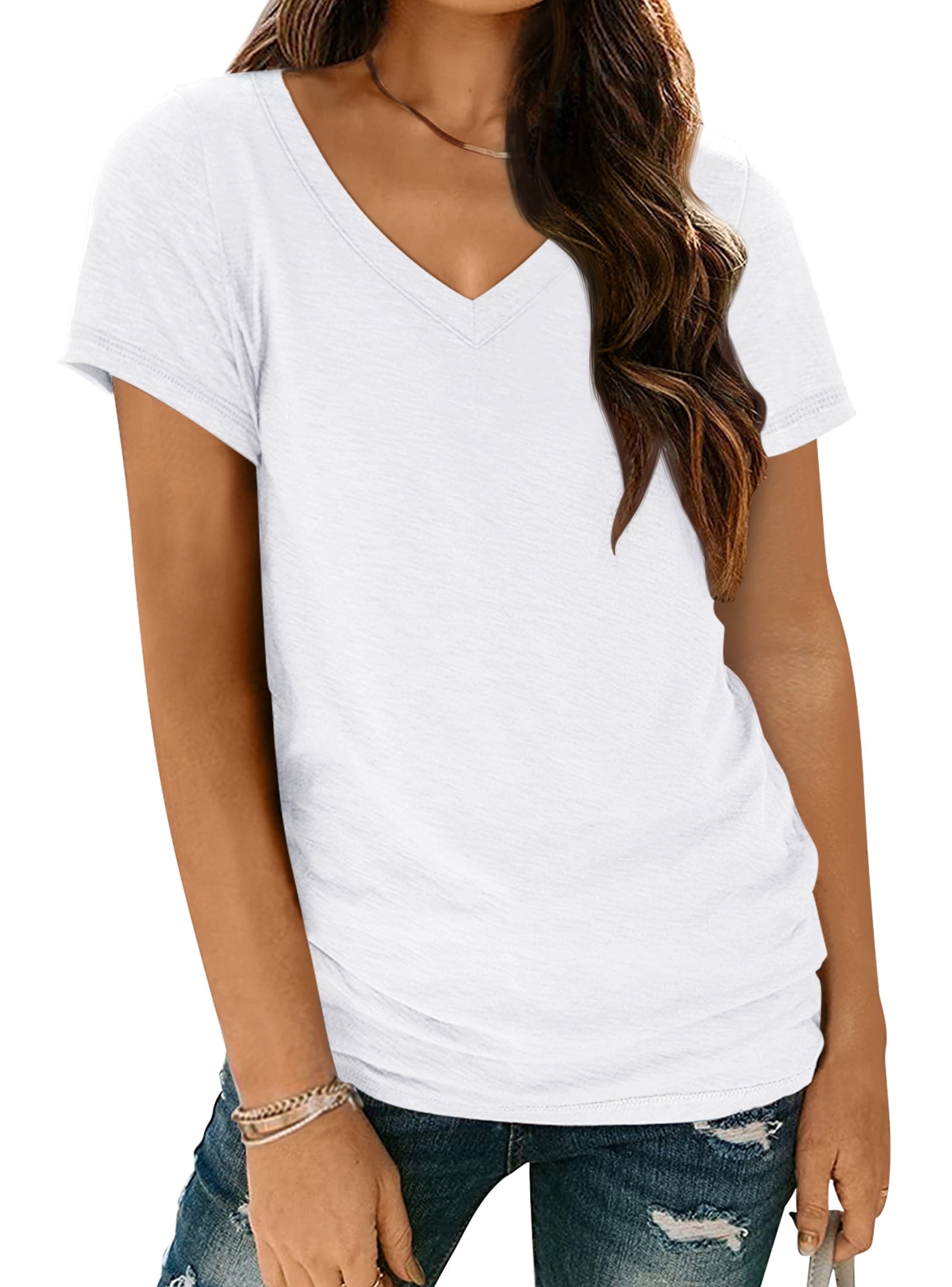 OFEEFAN Women's Cold Shoulder Tops - V Neck Short Sleeve Blouse, Loose Fit Tee For Summer